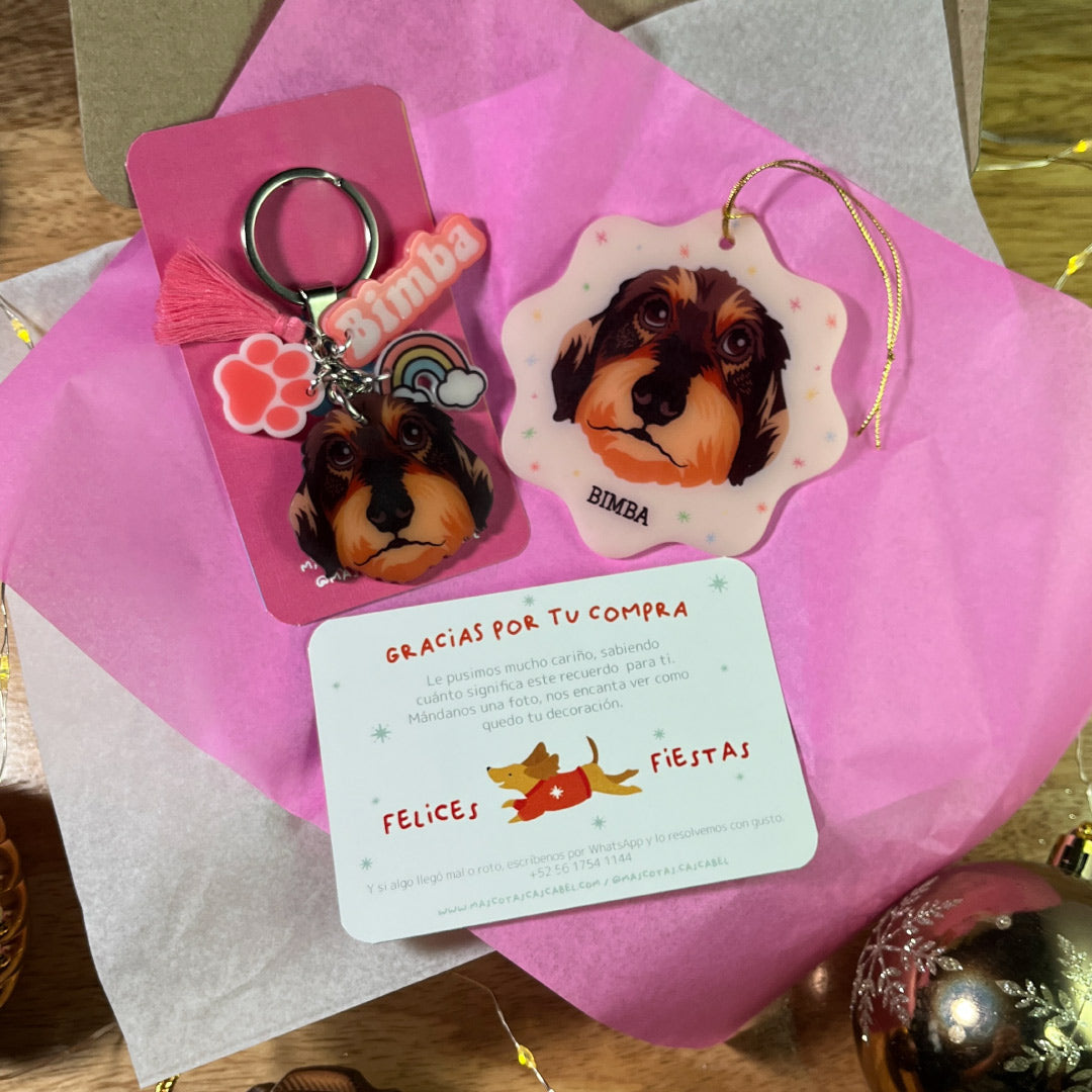 Set Navideño Ilustrado: Esfera + Llavero de tu Mascota