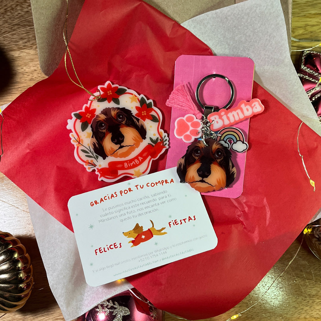 Set Navideño Ilustrado: Esfera + Llavero de tu Mascota