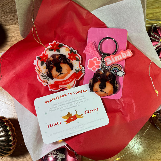 Set Navideño Ilustrado: Esfera + Llavero de tu Mascota